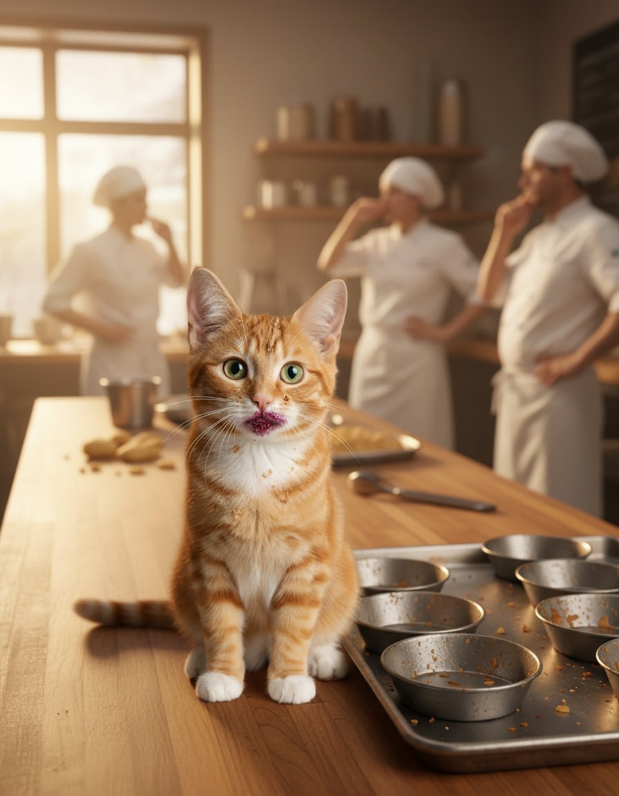 A ginger cat with crumbs on its whiskers sits next to a tray of empty pie tins in a bakery.