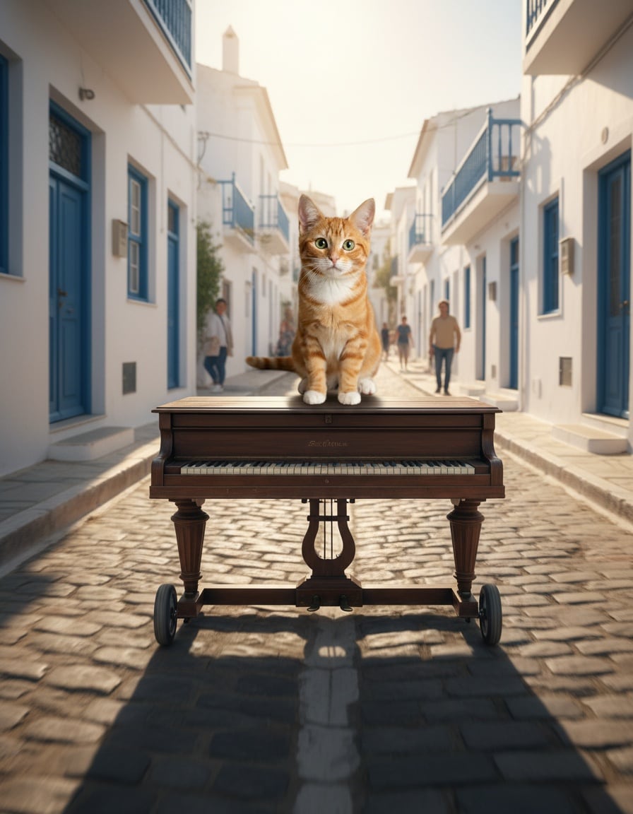 A ginger tabby cat rides a rolling piano down a cobbled street.