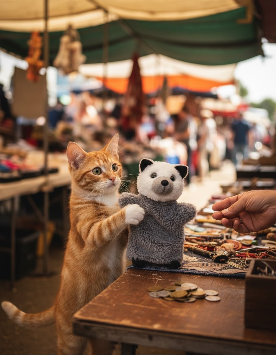 A ginger cat at a flea market holds up a possum puppet, asking a stall-keeper the price.