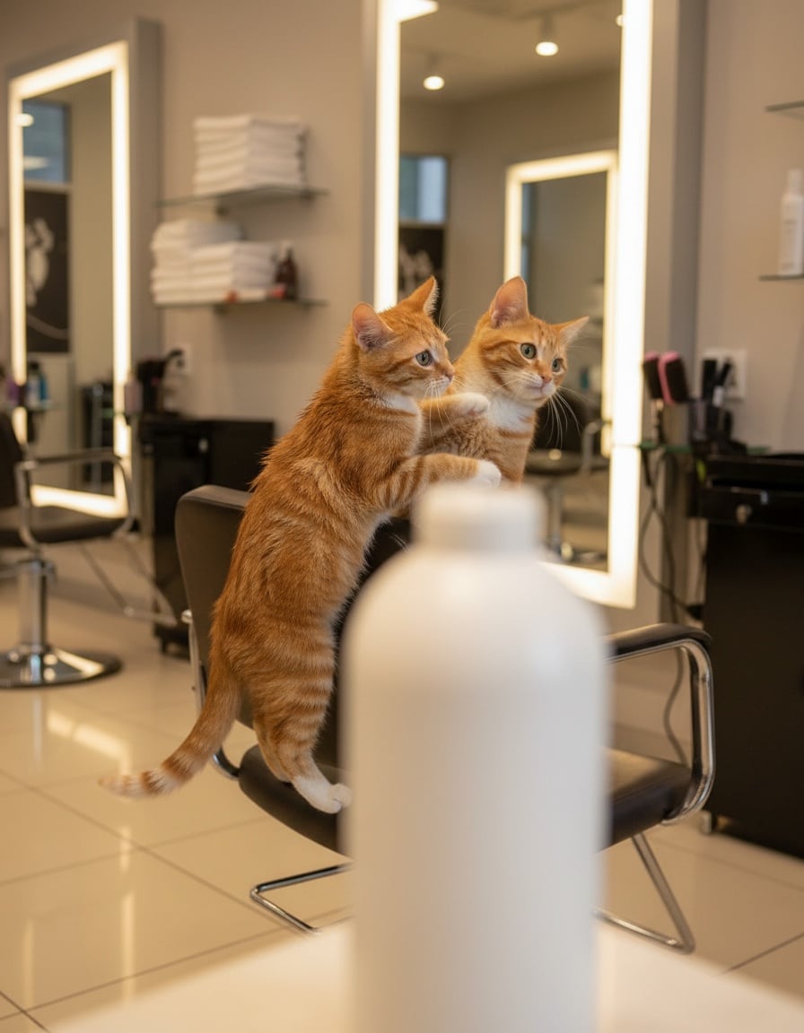 A damp ginger cat searches a hair salon while a big shampoo bottle stands unnoticed behind her.