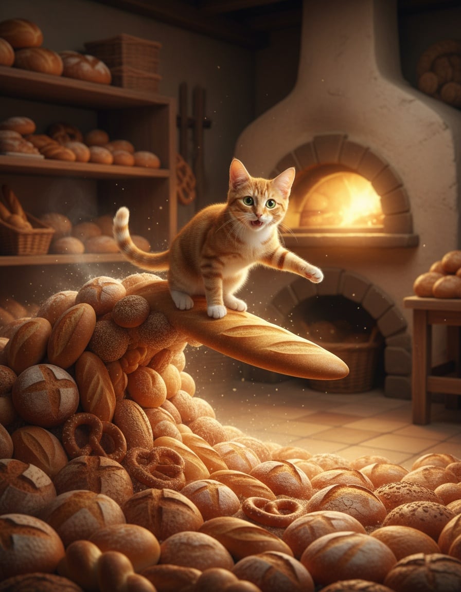 A ginger tabby cat surfs on a loaf of bread atop a huge wave of bread inside a bakery.