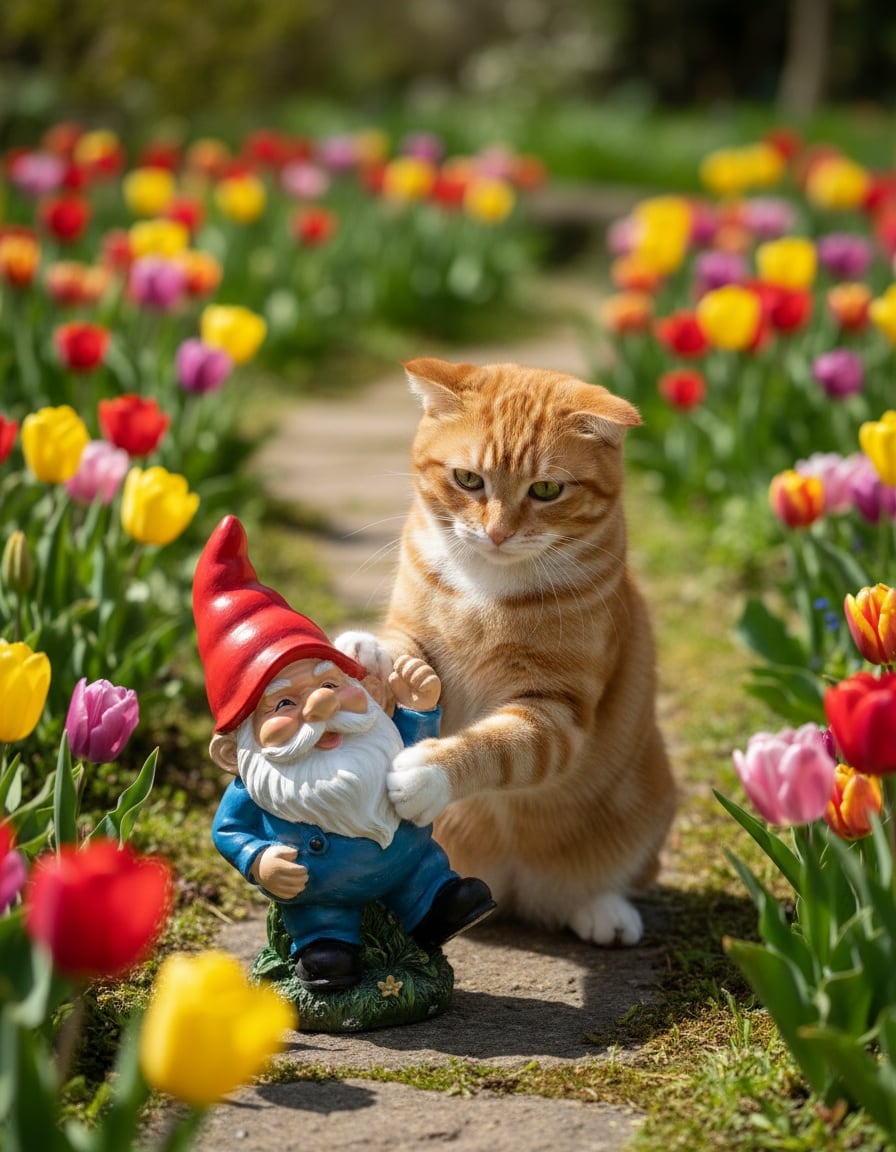 A ginger tabby cat apologetically sets a fallen garden gnome back upright among flowers.