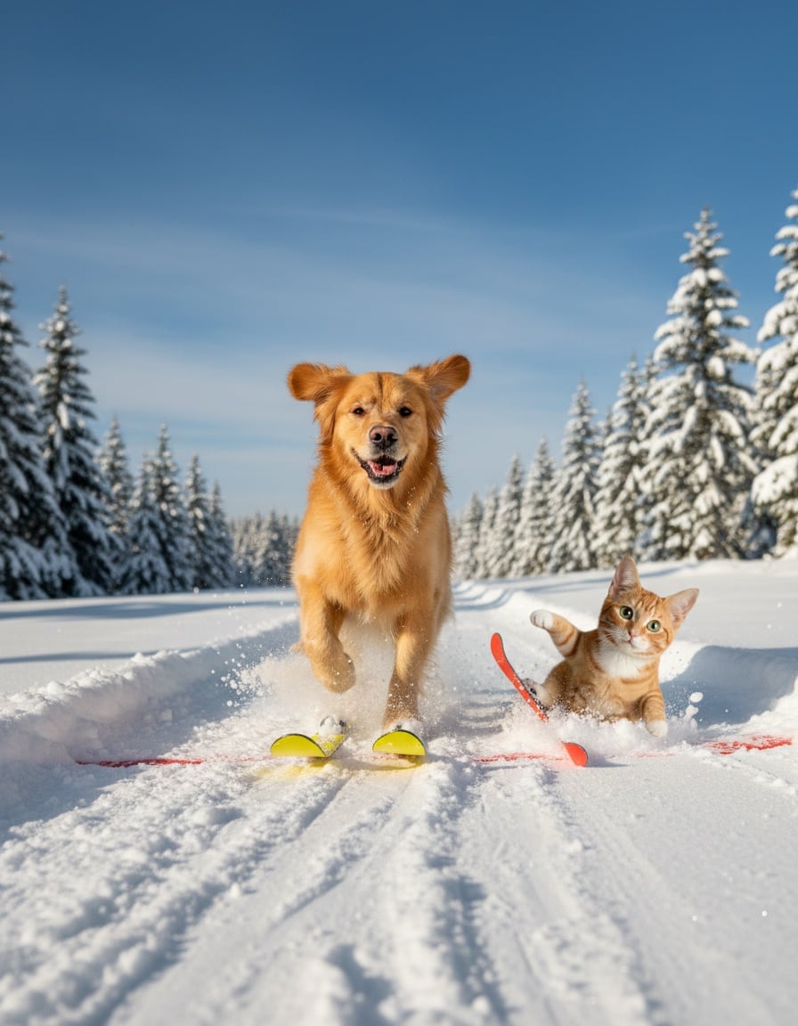 A shaggy dog on skis races ahead while a ginger cat on skis lands softly in the snow behind it.