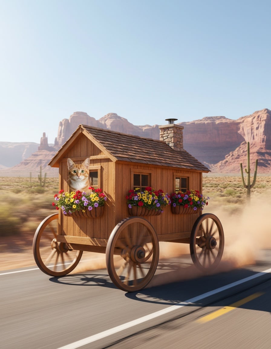 A ginger tabby cat leans out of a little house on wheels speeding down a desert highway.