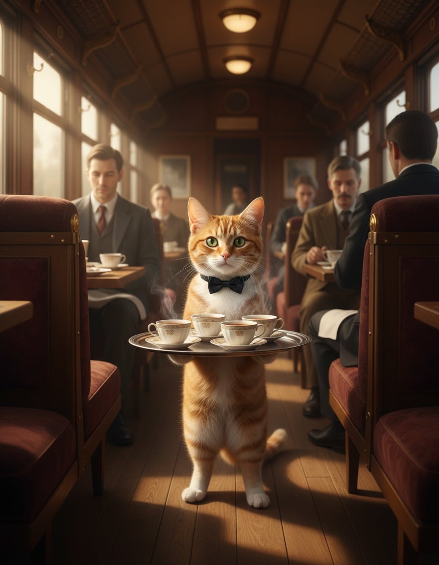 A ginger tabby cat in a bow tie offers a tray of four teacups in a train dining car.