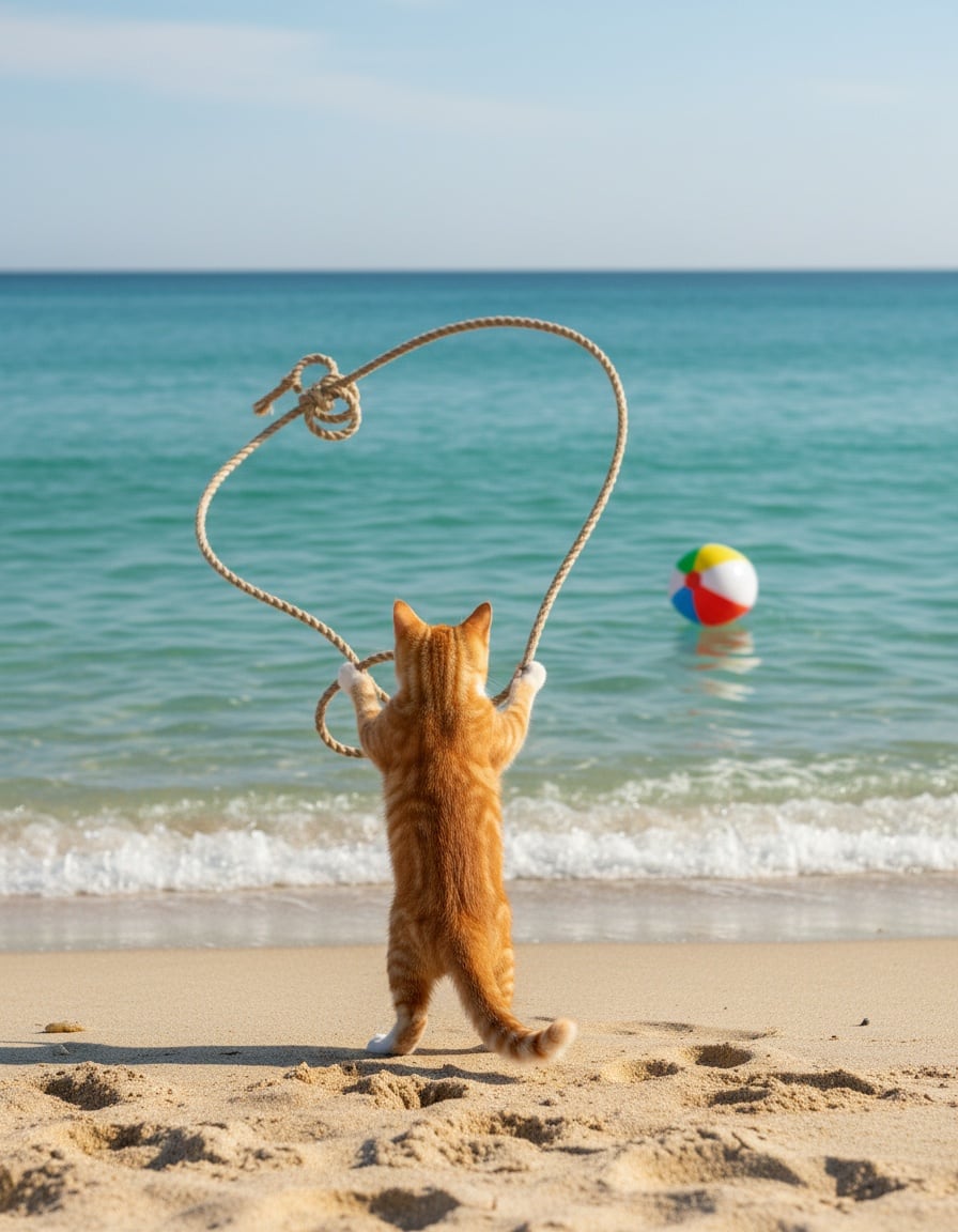 Pixa swings a lasso over the turquoise sea toward a floating beach ball.