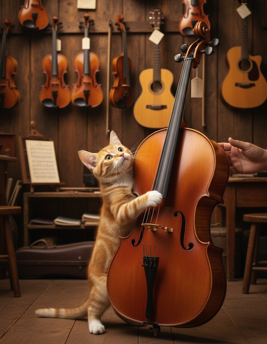 Pixa hugs a big shiny cello in a music shop, looking up with pleading eyes.