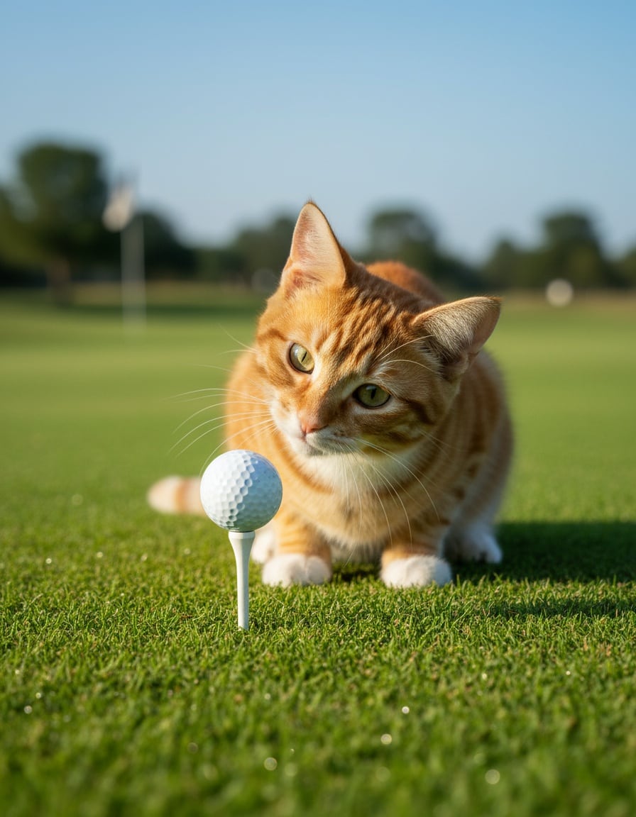 A puzzled ginger tabby cat tilts its head at a golf tee with a ball on a golf course.
