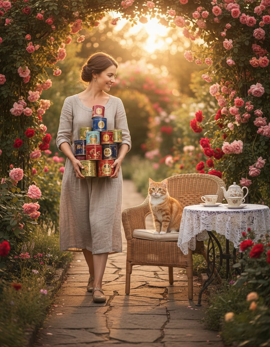 A ginger cat carries a stack of tea tins to a grey cat in a sunny garden, greeting her friend.