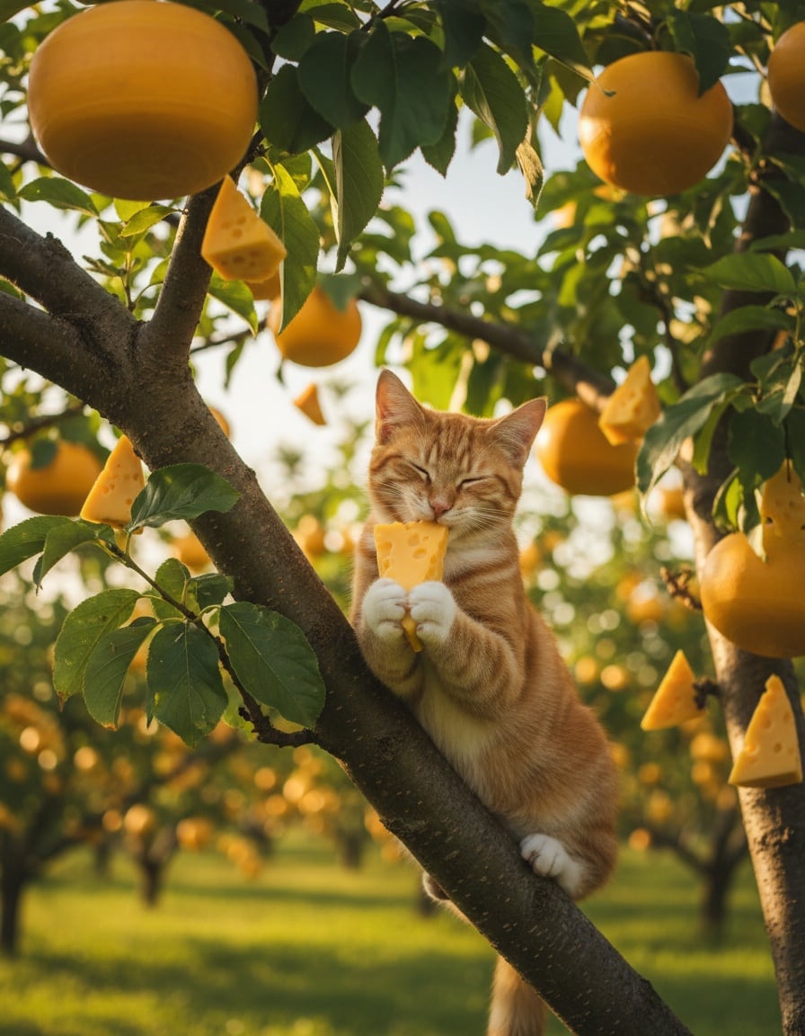 A ginger cat sits in a tree full of hanging cheese wedges and nibbles one.