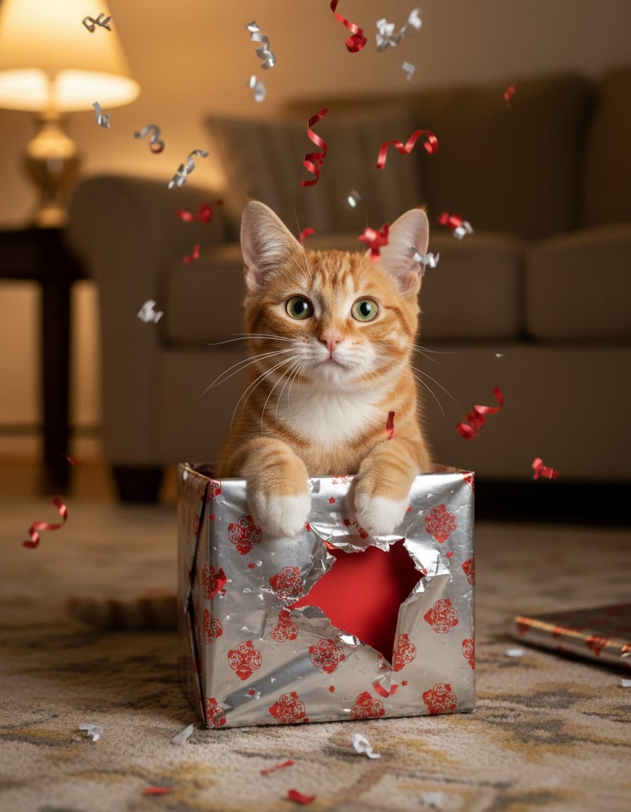 An impatient ginger tabby cat rips open a wrapped present on a living-room rug.