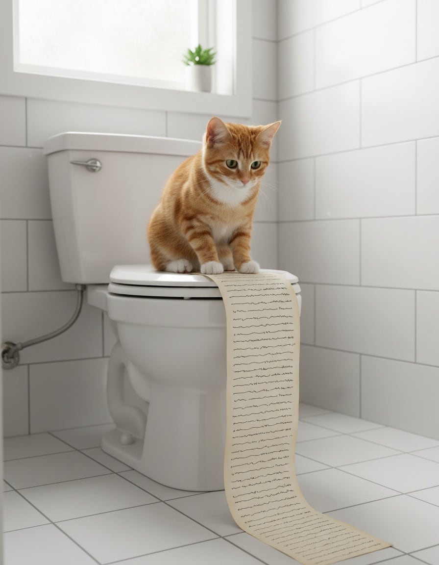 A ginger cat sits on a toilet reading a very long letter that spills across the bathroom floor.
