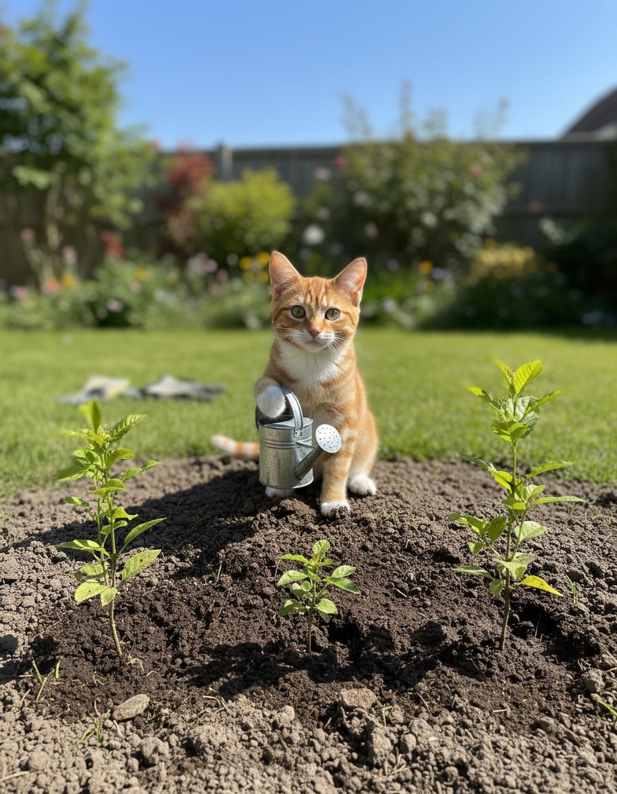Pixa stands proudly beside three small trees she has just planted in a row in a garden.