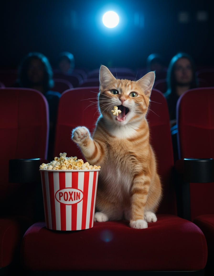 A ginger tabby cat in a cinema throws popcorn into the air to catch and eat it.