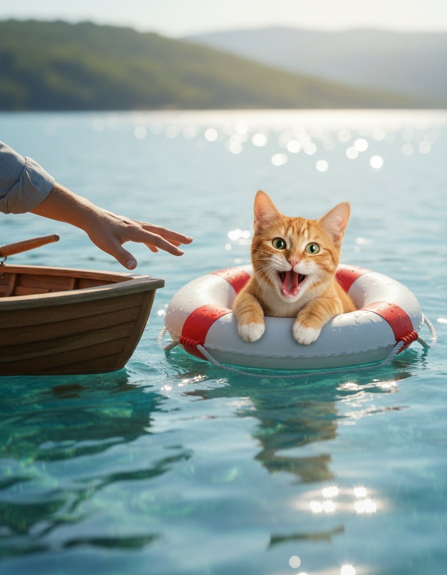 A ginger tabby cat clings to a life buoy beside a small boat while a hand reaches to help.