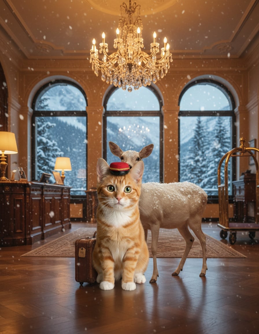 A ginger tabby cat in a bellhop cap carries luggage for a snow-covered deer in a fancy hotel lobby.