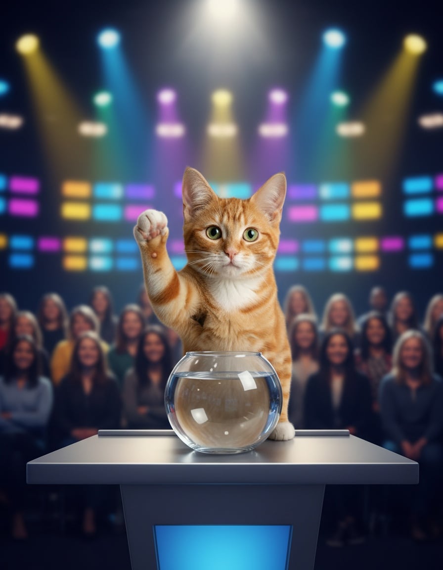 A ginger cat confidently raises a paw at a quiz show podium next to an empty glass bowl.
