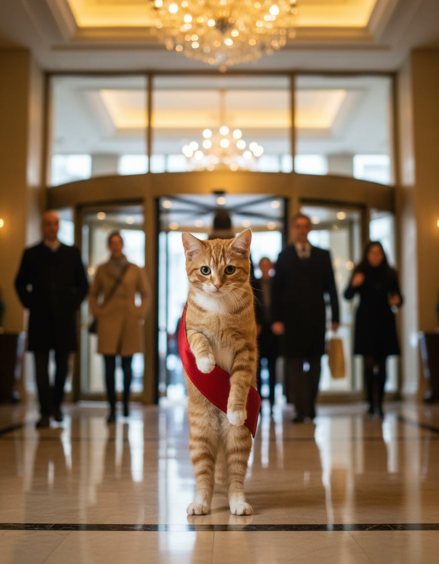 A ginger tabby cat wearing a red silk sash bows to greet guests in a hotel lobby.