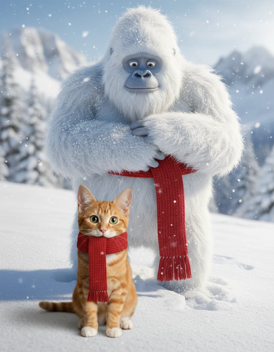 Pixa offers a red scarf to a shivering, friendly white yeti on a snowy mountain.