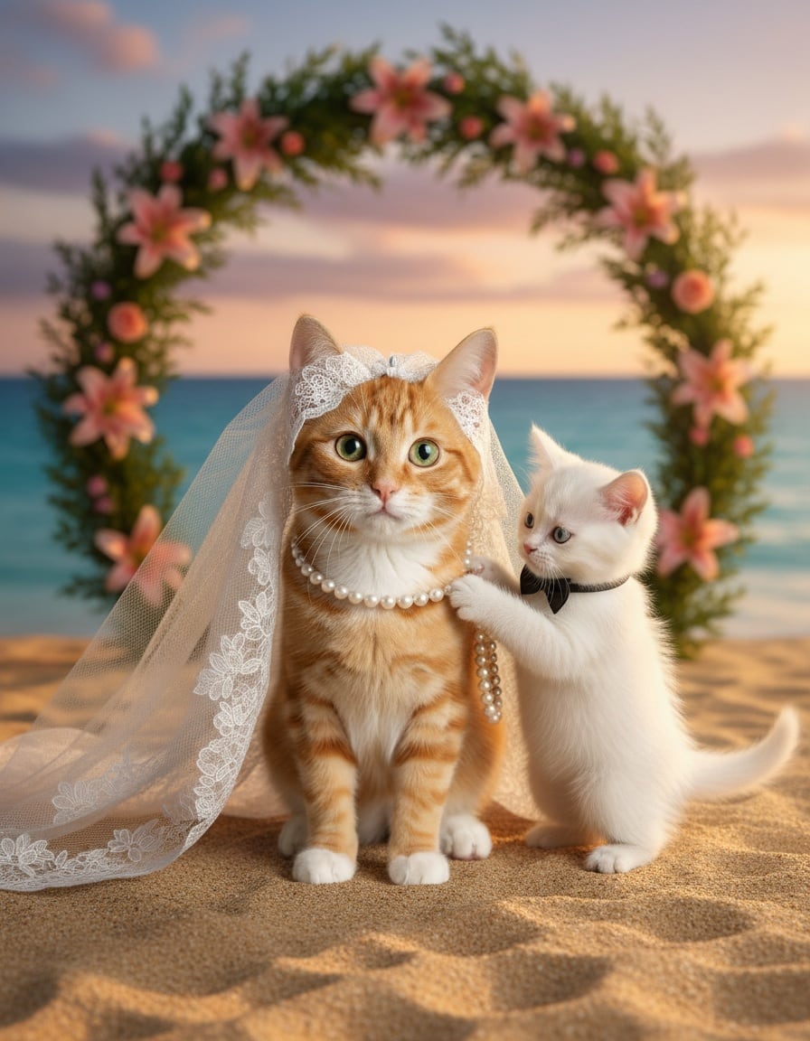 A ginger cat in a bow tie puts a pearl necklace on a white cat in a wedding veil on a beach.