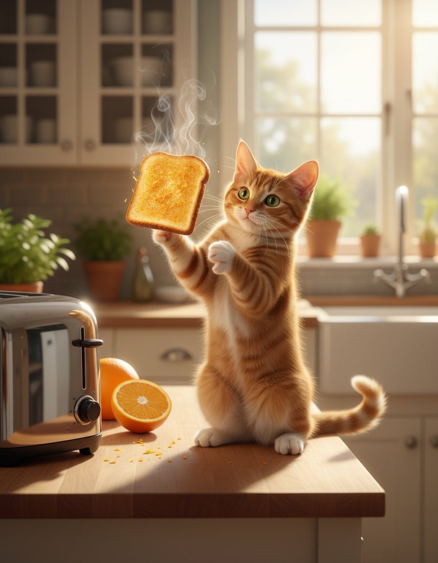 A ginger cat juggles a steaming hot slice of toast beside a toaster in a kitchen.