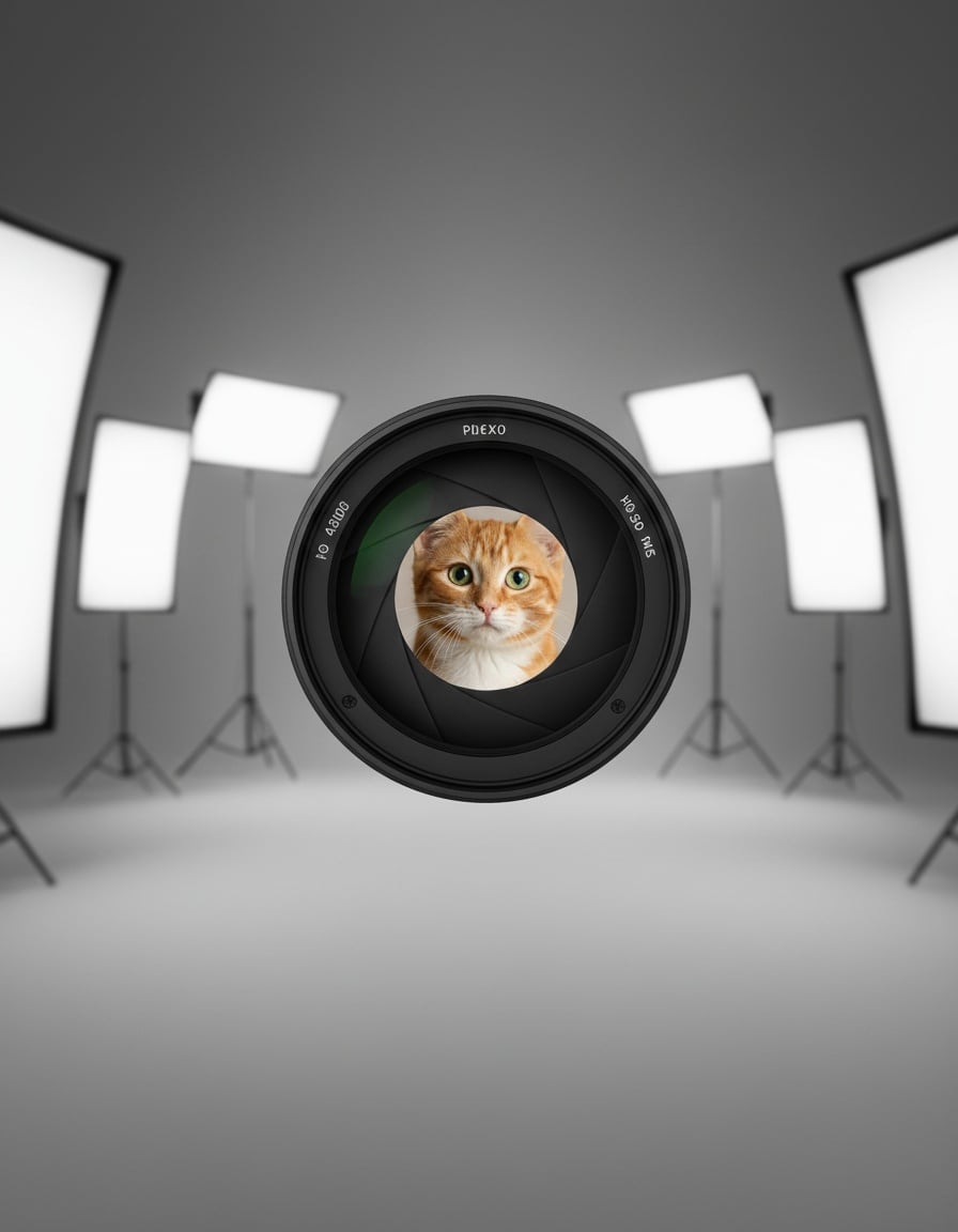 A ginger cat looks into a huge camera lens with its blades wide open.
