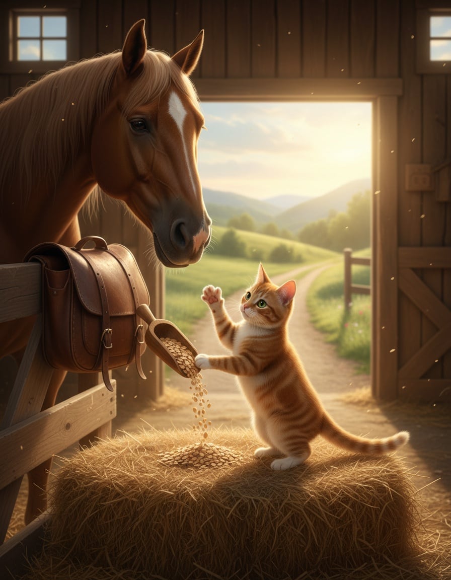 A ginger cat pours oats into a horse's saddlebag and waves goodbye in a stable.
