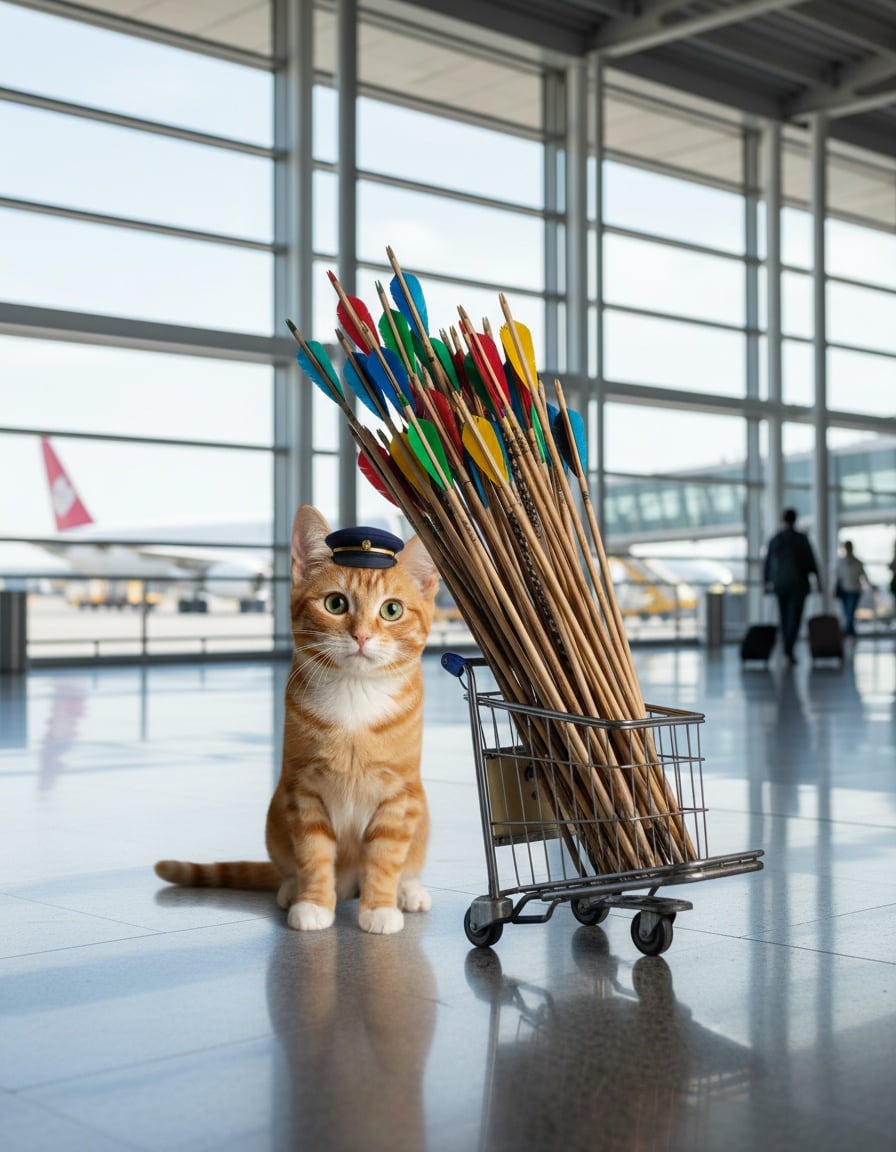 A ginger cat in a porter's cap pushes a cart full of giant arrows through an airport terminal with planes outside.