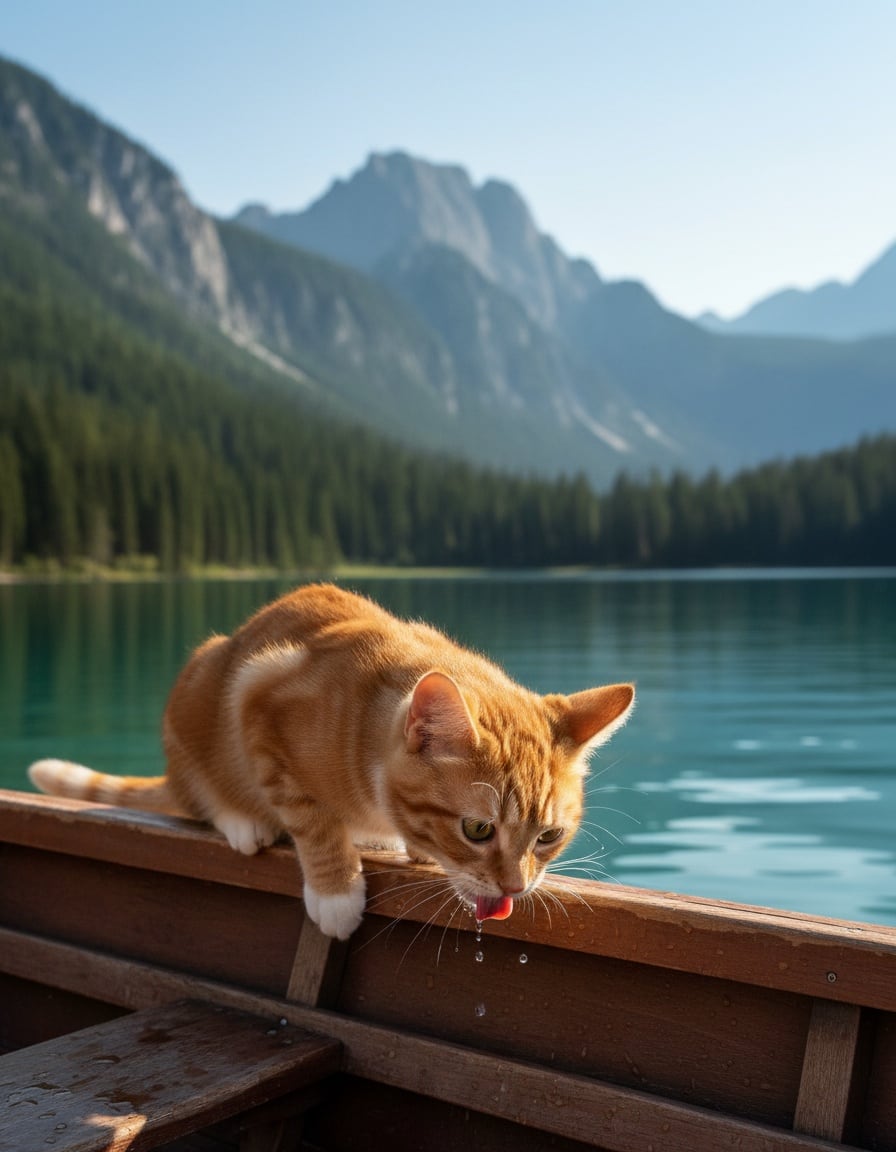 A ginger tabby cat leaning from a rowboat to drink clear blue-green lake water.