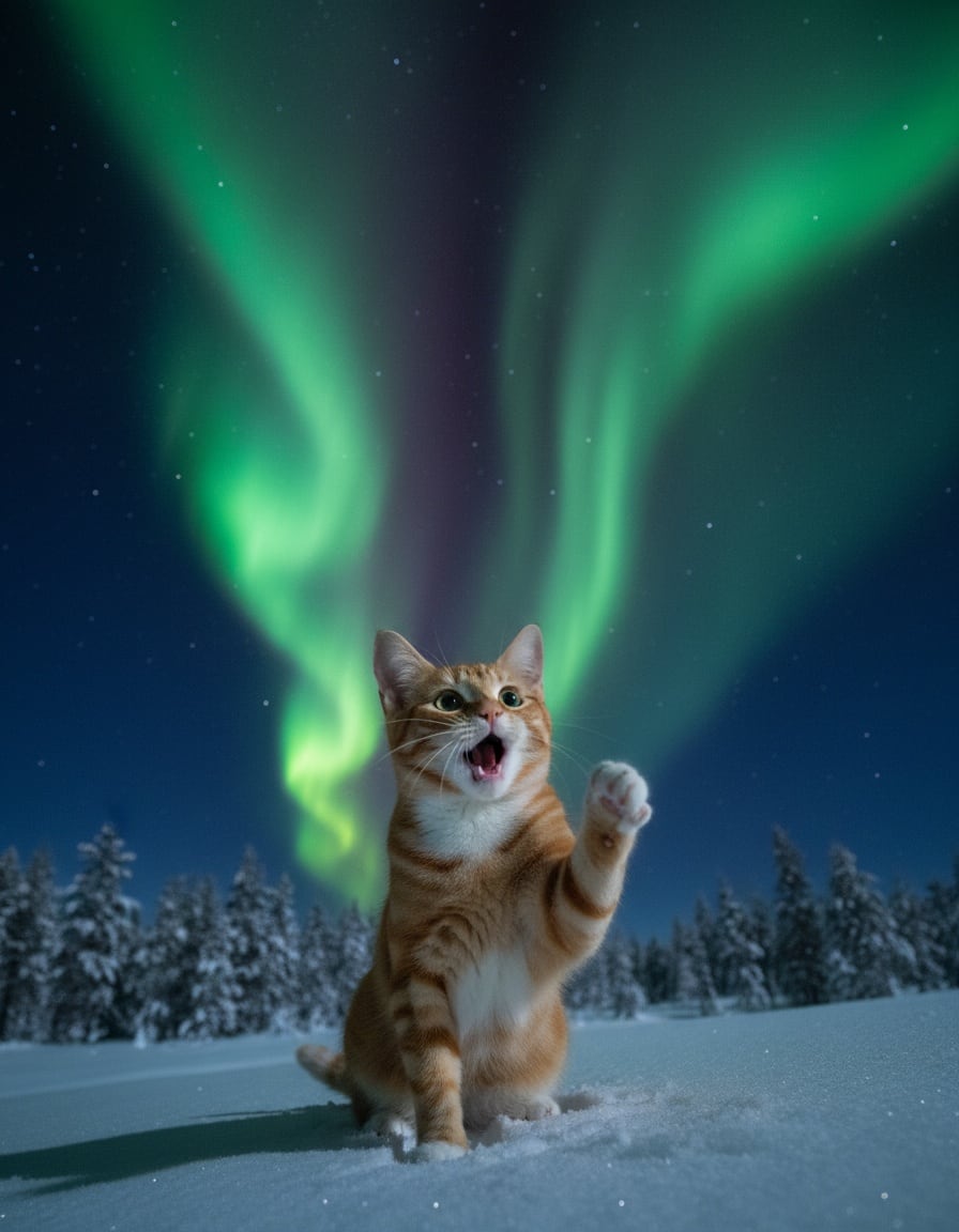 A ginger cat on a snowy hill points excitedly at bright northern lights.
