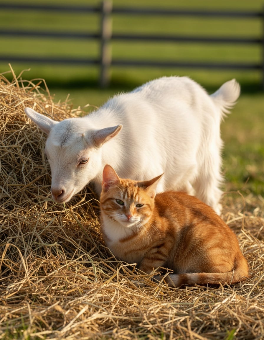 A ginger cat cuddles up to a shy white goat on a pile of hay in a meadow.