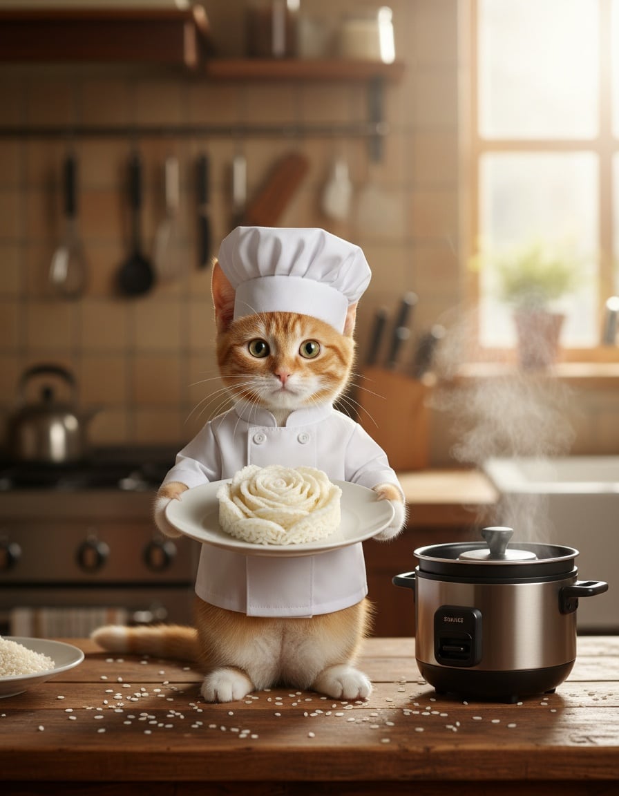 A ginger cat in a chef's hat presents a plate with a rose made of rice in a kitchen.