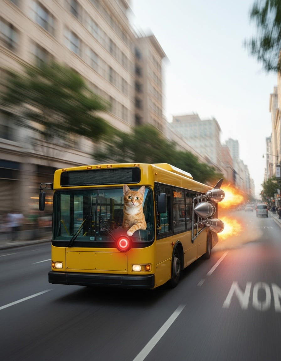 A ginger cat drives a city bus with rocket boosters blasting down a street.