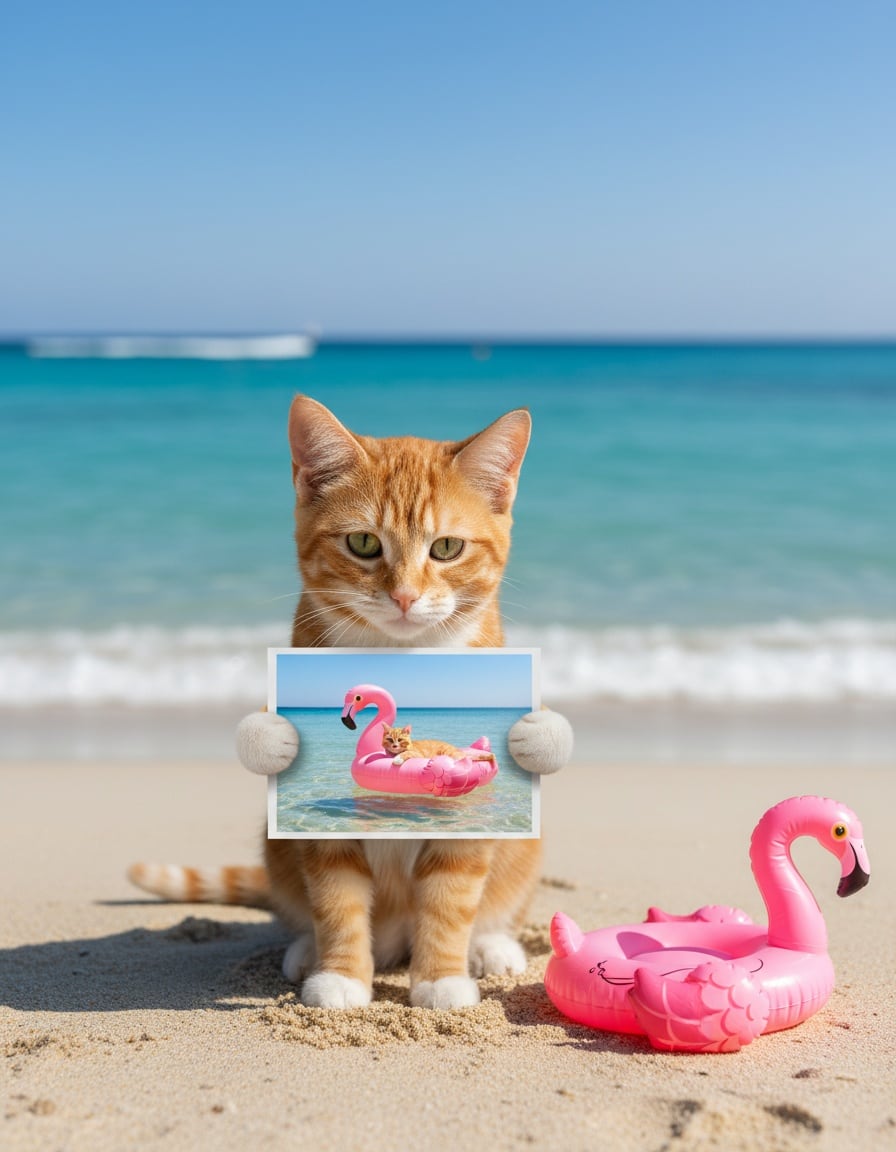 A ginger cat on a beach holds a photo of an inflated flamingo float next to the same float lying flat.