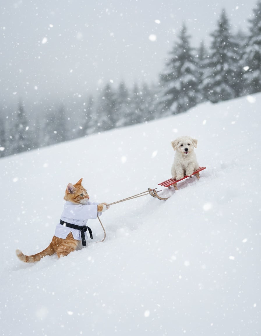 A ginger cat in a judo uniform pulls a sled with a puppy out of deep snow.
