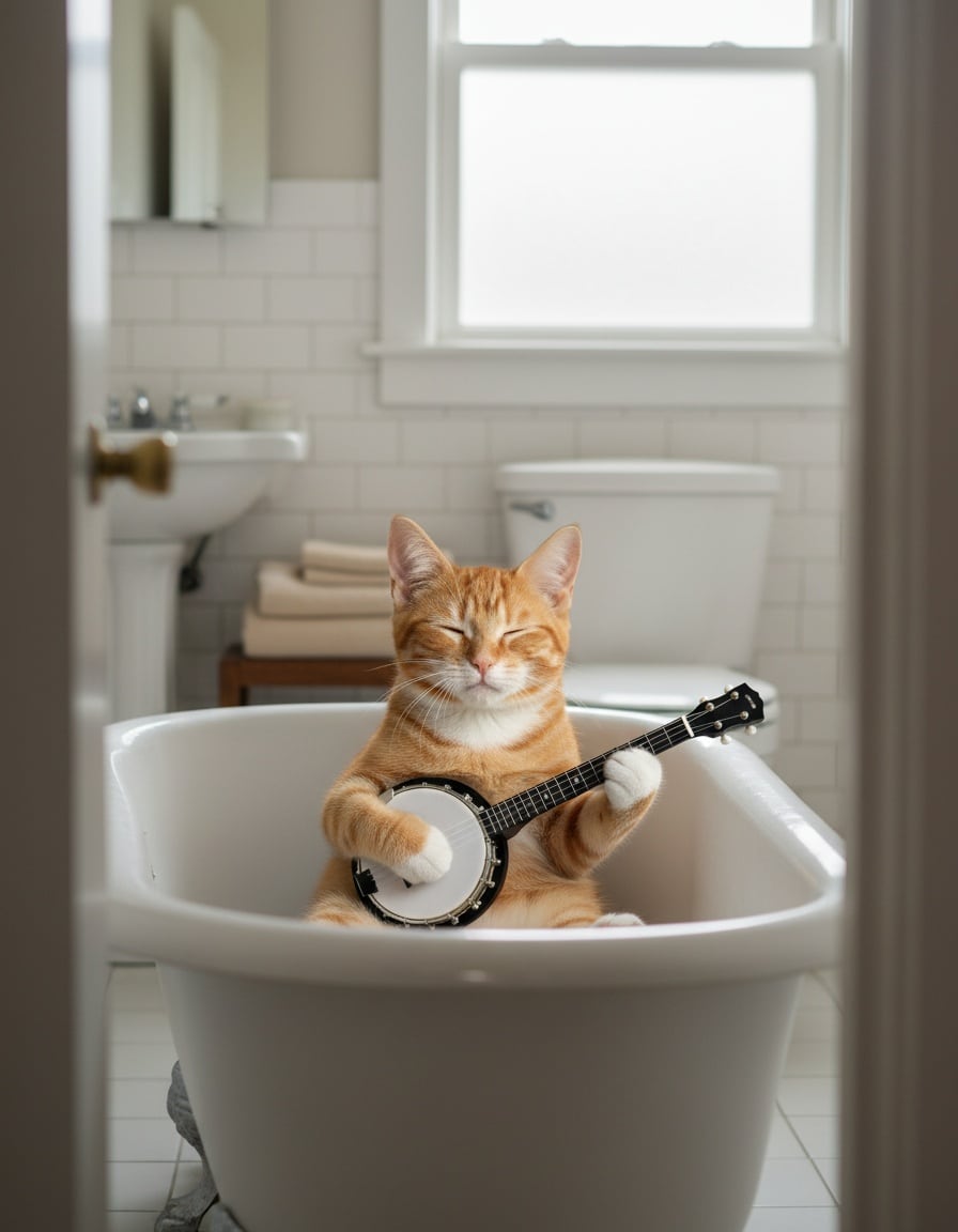 A ginger tabby cat playing a banjo in a bathtub inside a tiled bathroom.