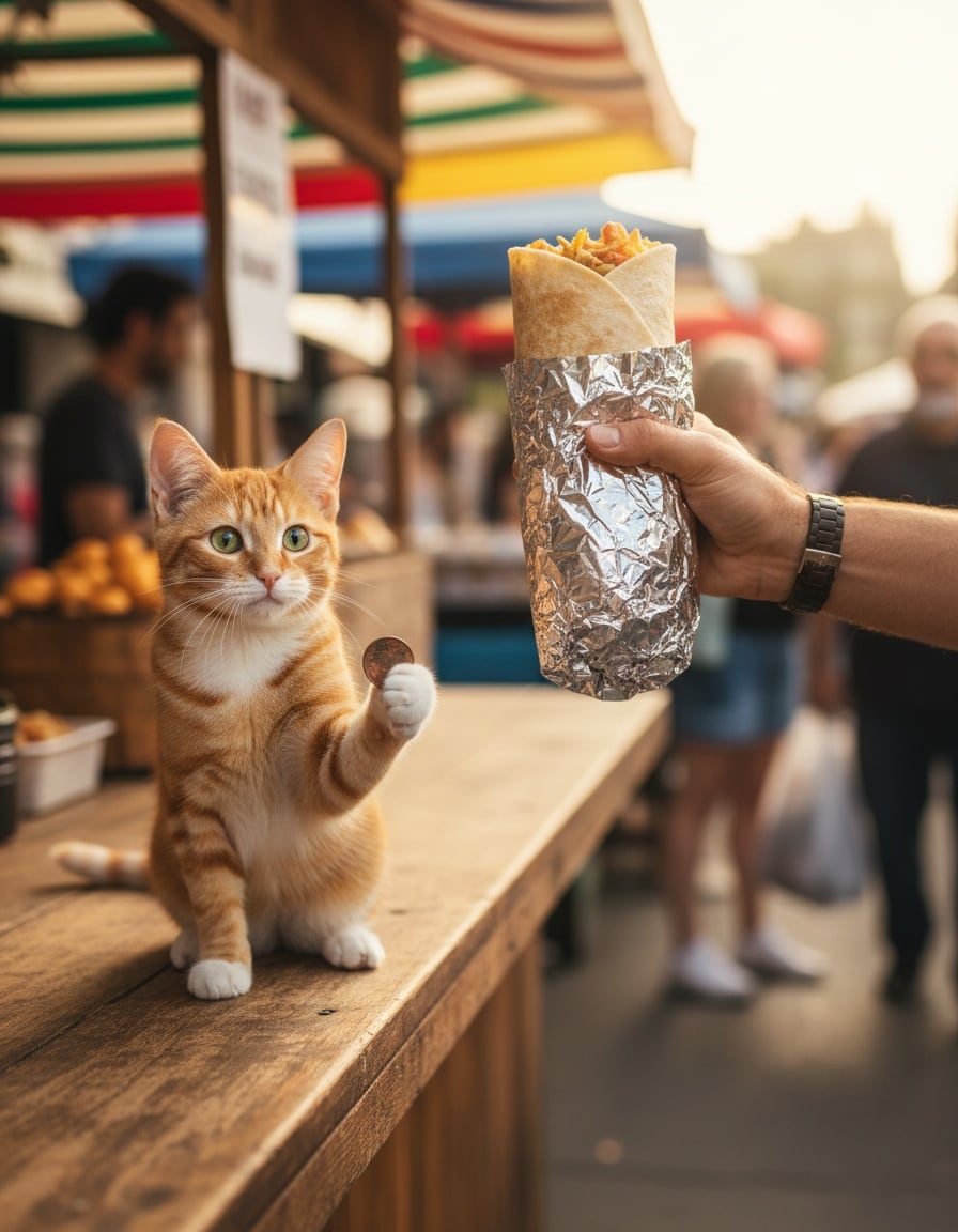 A ginger cat pays one small coin for a huge burrito at a market stall.