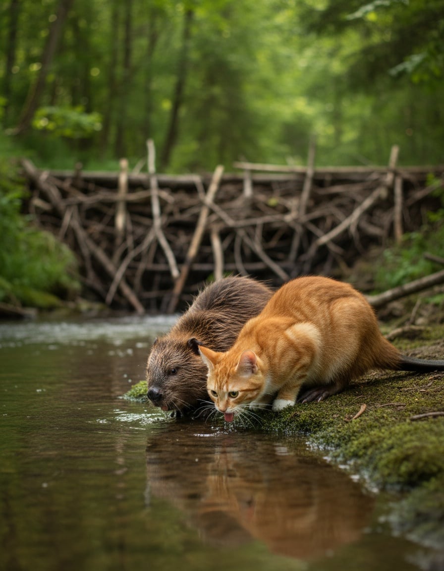 A ginger cat and a beaver drink water side by side from a forest river.