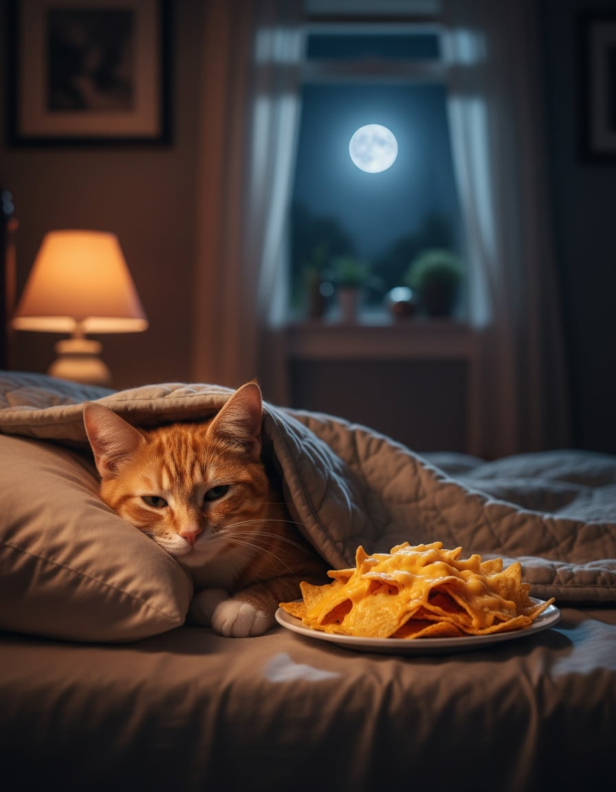 A ginger tabby cat tucked into bed at night with a plate of nachos, a full moon in the window.
