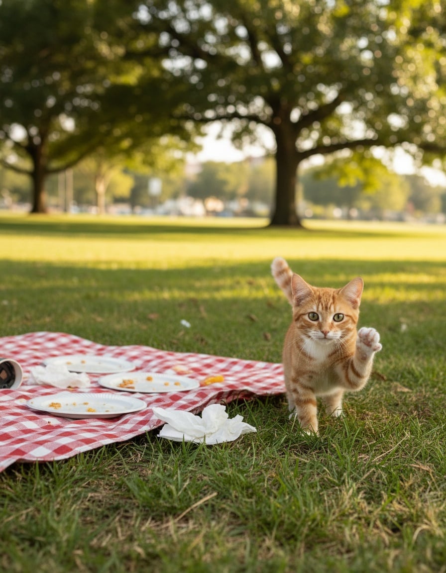 A ginger tabby cat waving as it arrives late at a park picnic with empty plates under the afternoon sun.