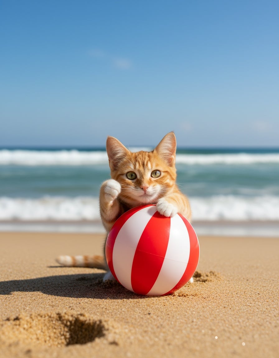 A ginger cat happily hugs a big red buoy on a sunny beach.
