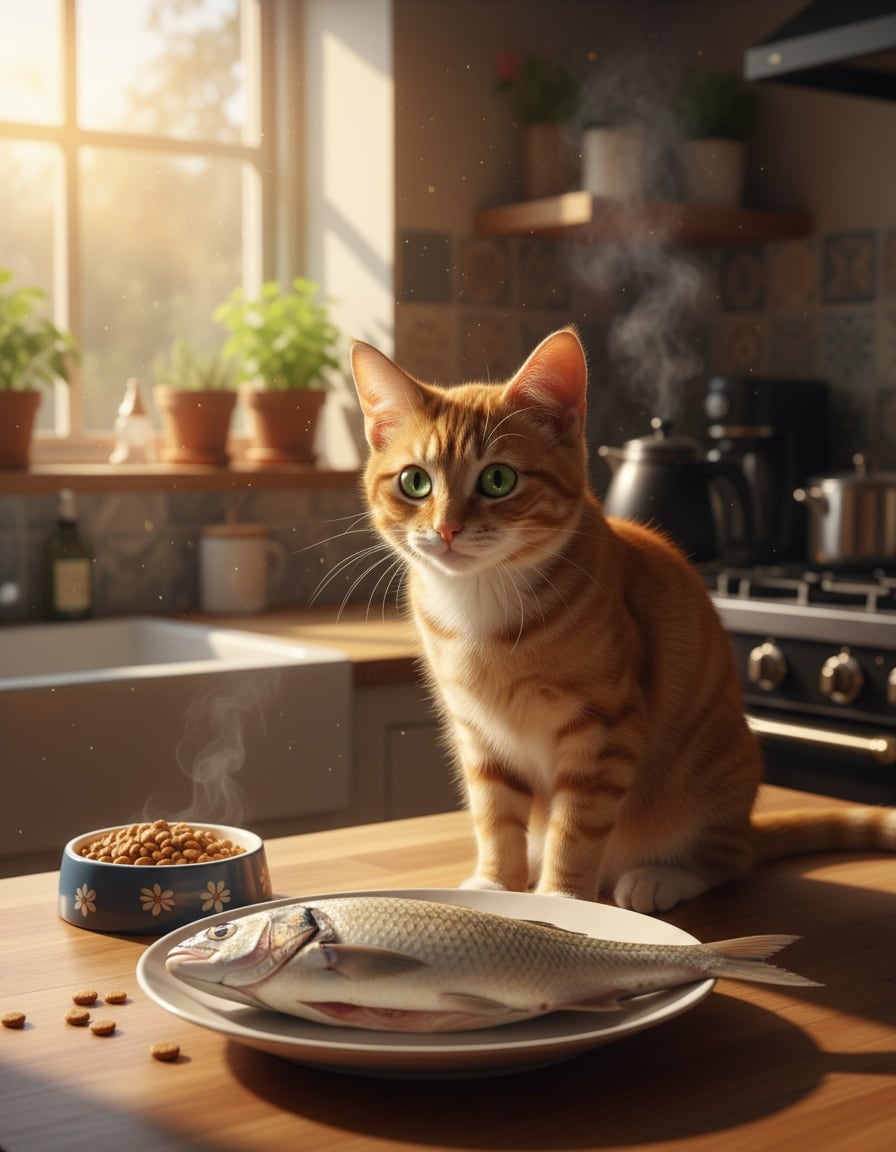 A ginger tabby cat on a sunny kitchen counter at dawn, delighted by a big extra fish on a plate.