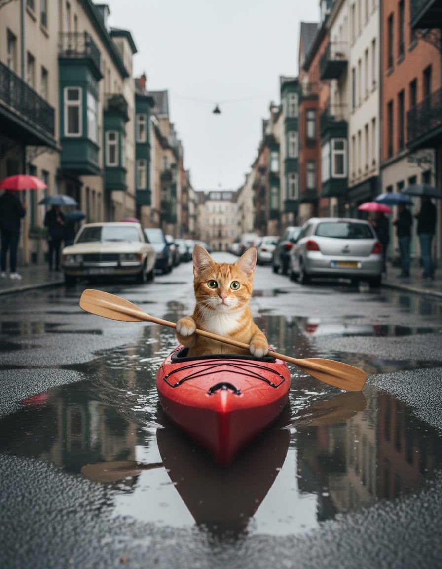 A ginger tabby cat paddles a red kayak along a flooded city street.