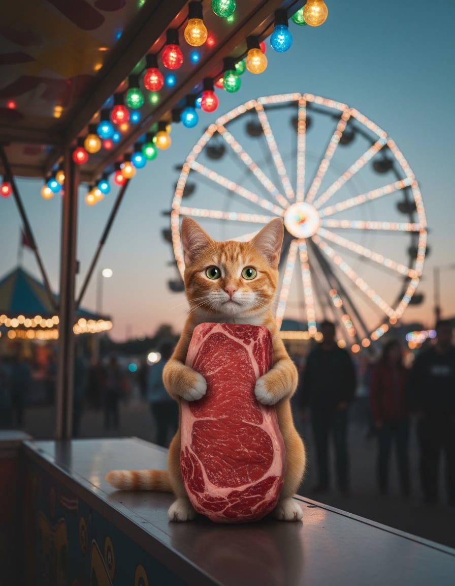 A ginger cat at a carnival hugs a huge steak she won as a prize.