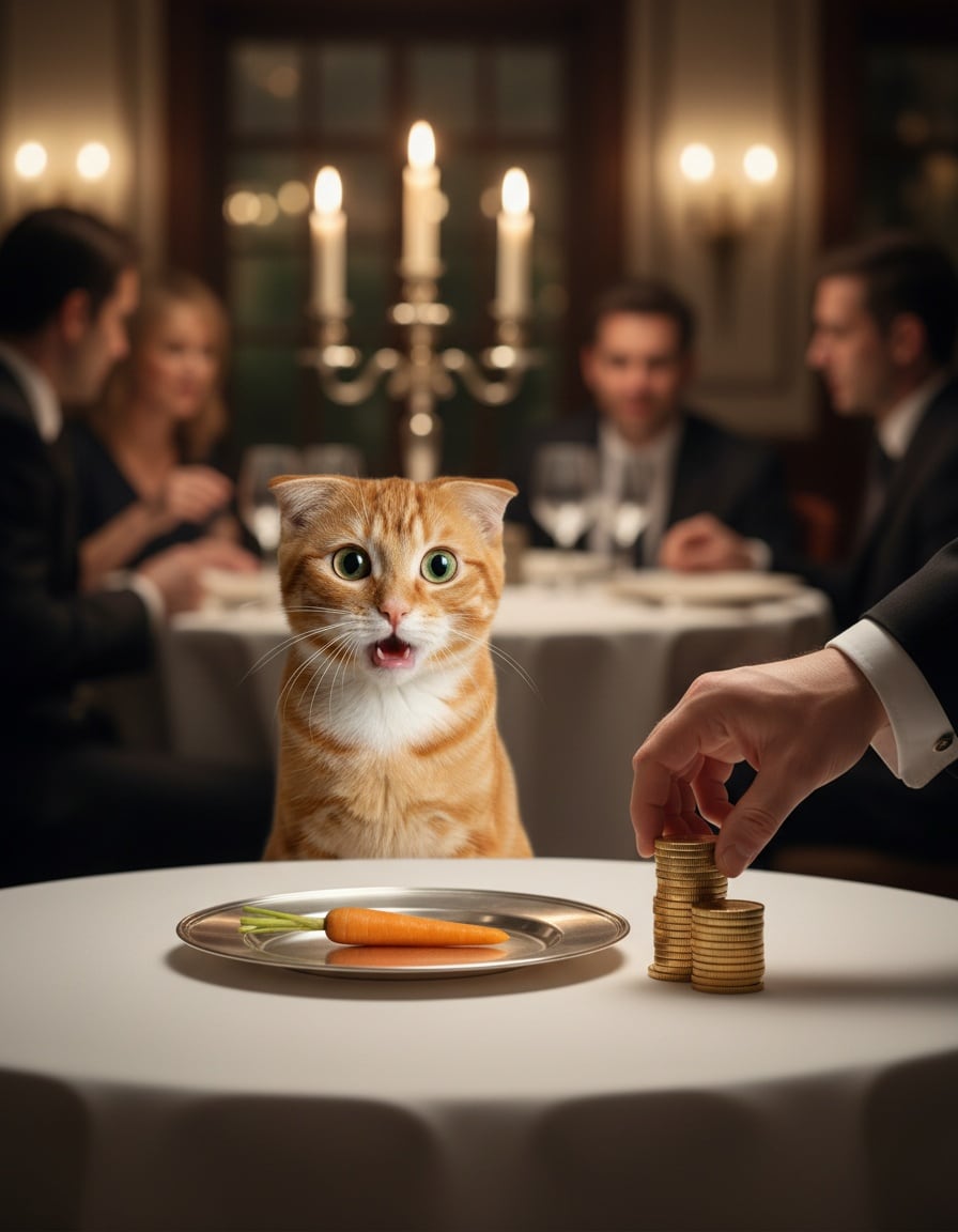 A shocked ginger cat stares at one small carrot next to a tall stack of gold coins in a fancy restaurant.