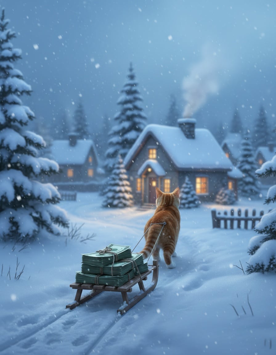 A ginger cat pulls a sled loaded with cash toward a cozy snowy cottage.