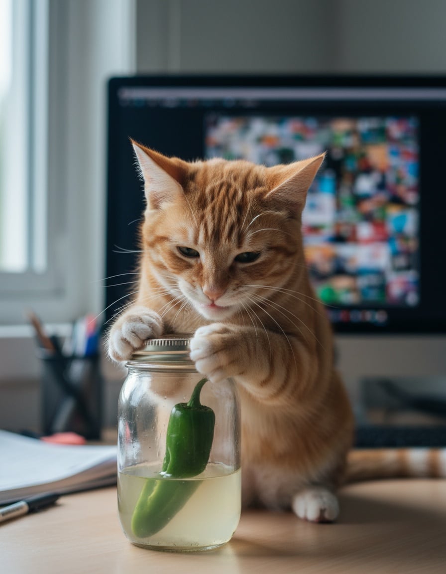 A ginger cat struggles to open a closed jar holding a green pepper on an office desk.