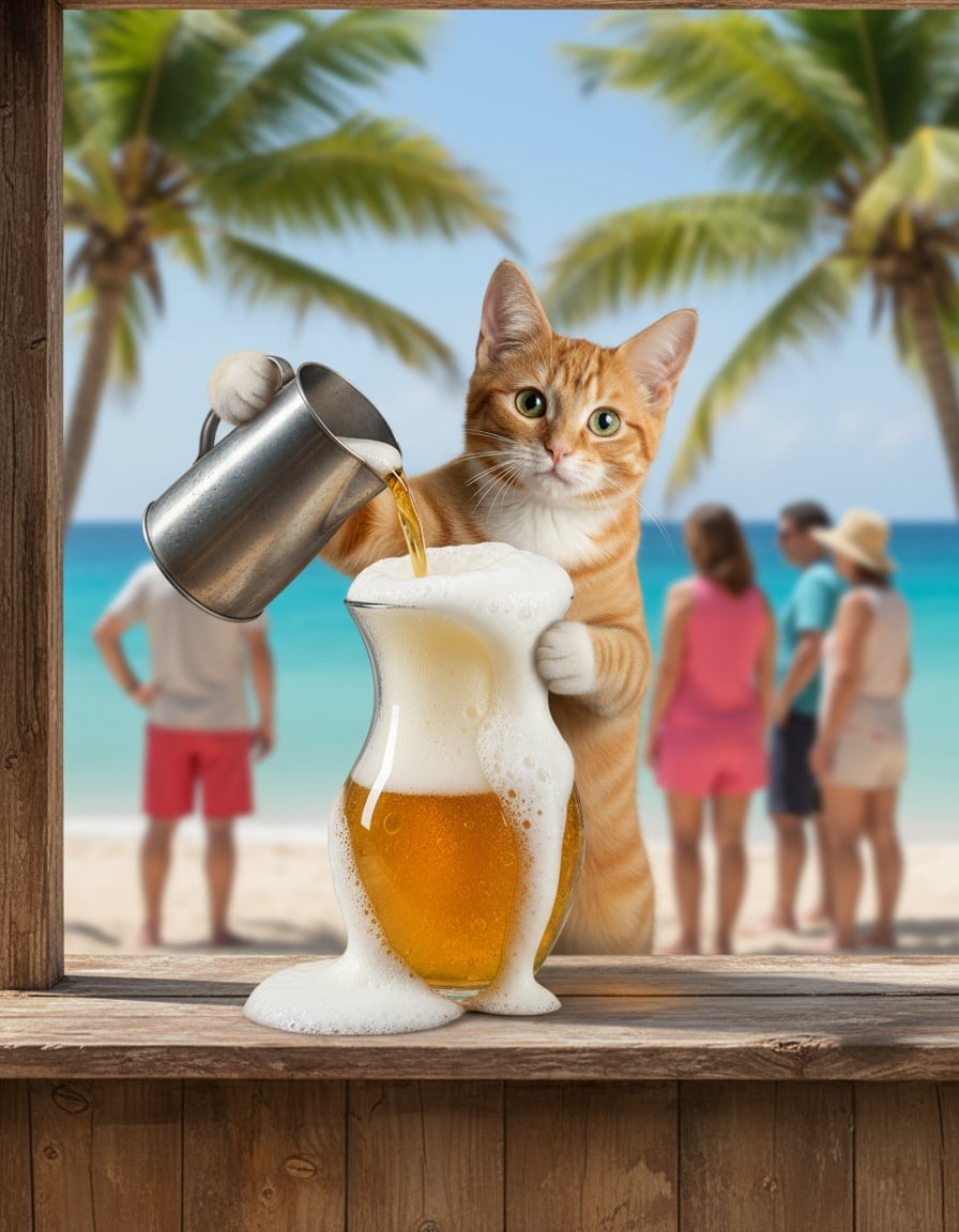 A ginger cat pours foamy beer into a big glass vase at a beach stand.