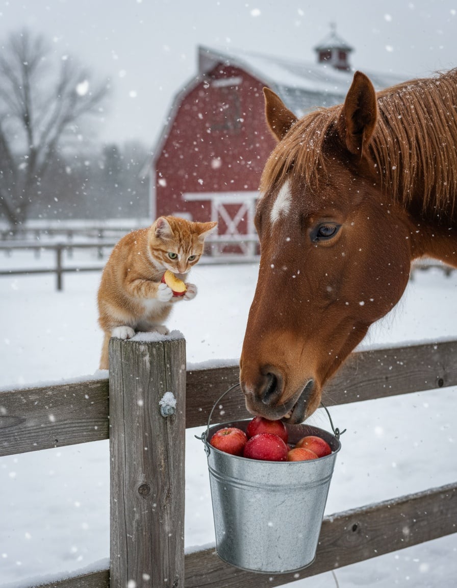 A ginger tabby cat on a fence post eats apples with a brown horse in a snowy paddock.