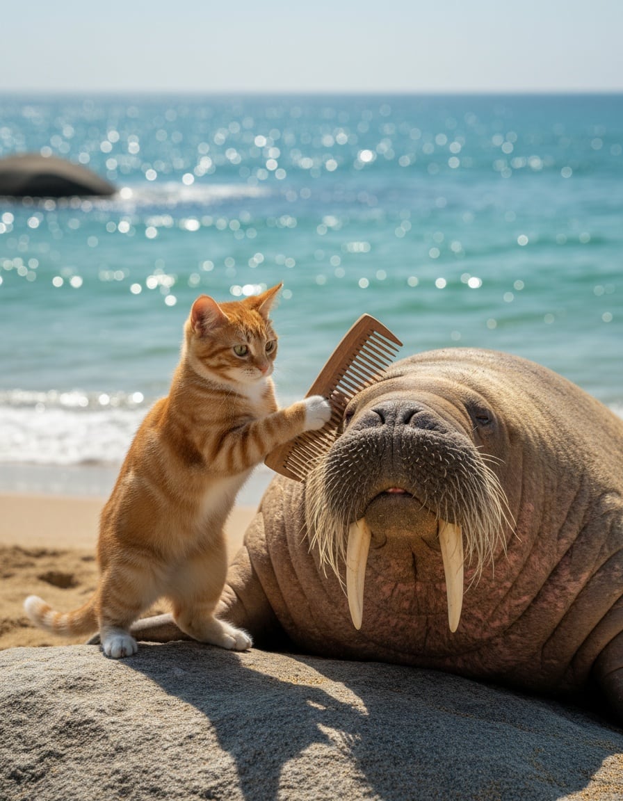 A ginger tabby cat combing the bushy whiskers of a friendly walrus on a sunny beach.